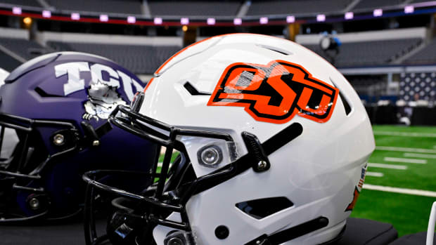 Jul 12, 2023; Arlington, TX, USA; A view of the Oklahoma State Cowboys helmet and logo during Big 12 football media day at AT&T Stadium. Mandatory Credit: Jerome Miron-USA TODAY Sports